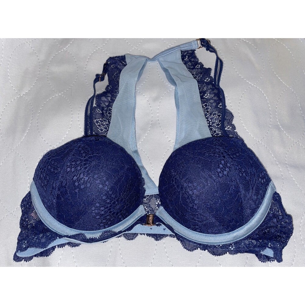 Victoria's Secret PINK Blue Lace Date Push Up Racerback 32B Bra Front Closure